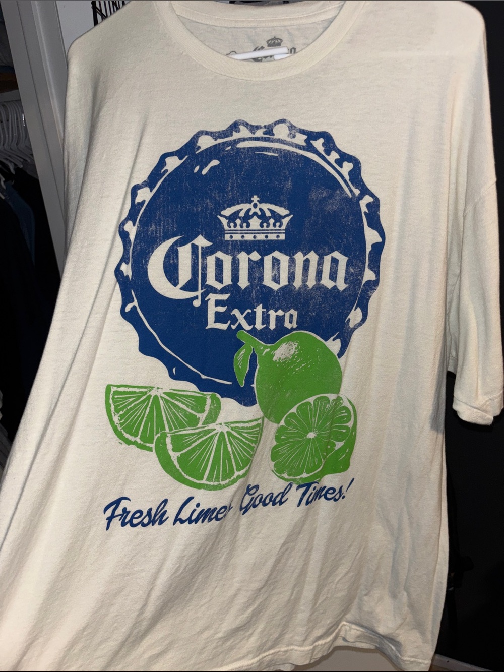 Corona White Short Sleeve Tee with Blue Logo and Green Lime Print